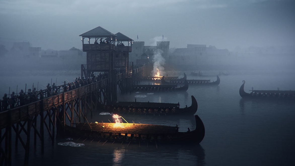 Norwegian Viking ships beneath a wooden bridge during a battle