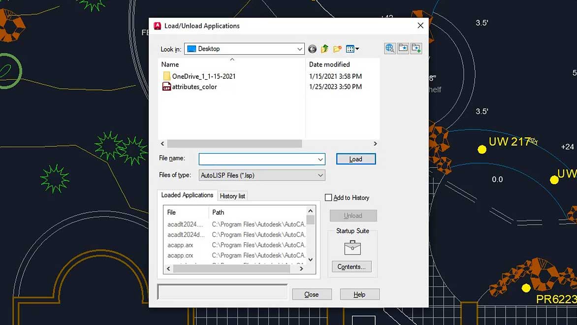 View of AutoLISP application being loaded in AutoCAD LT